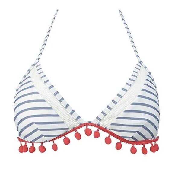 Cocoship Pom Pom Trim Striped High Waist Bikini Set White Light Slate Blue 8 New - Picture 4 of 11
